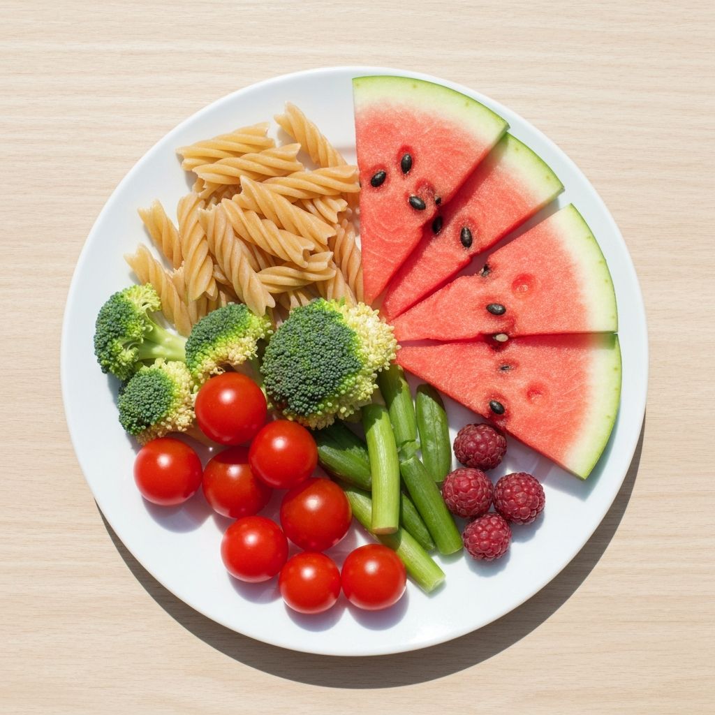 Balanserad måltid med grönsaker och frukt